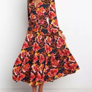 Red and Pink Tiered Wrap Dress with Bishop Sleeves